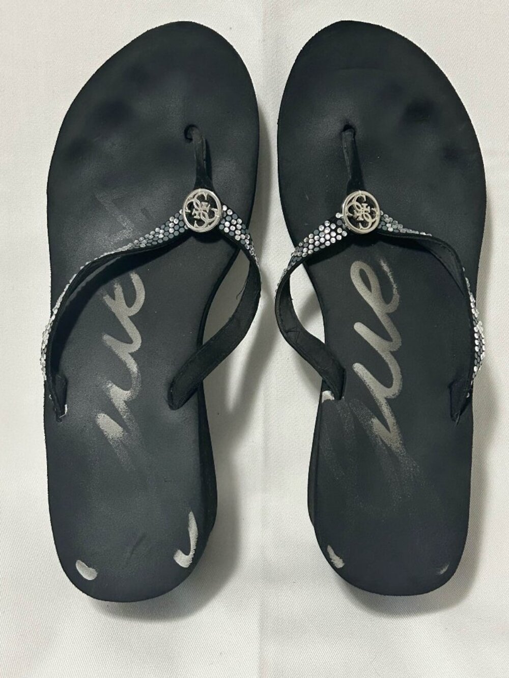 Guess - Women’s Black Rhinestone Wedge Flip Flops